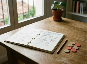 Cuaderno con operaciones aritméticas, fichas neutras y un lápiz sobre una mesa