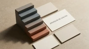 Escalones geométricos y tarjetas neutras colocados sobre una mesa