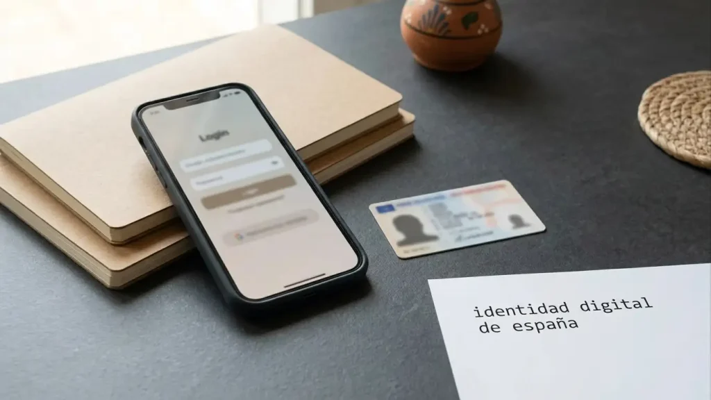 Teléfono con formulario neutro desenfocado junto a una tarjeta de identidad genérica