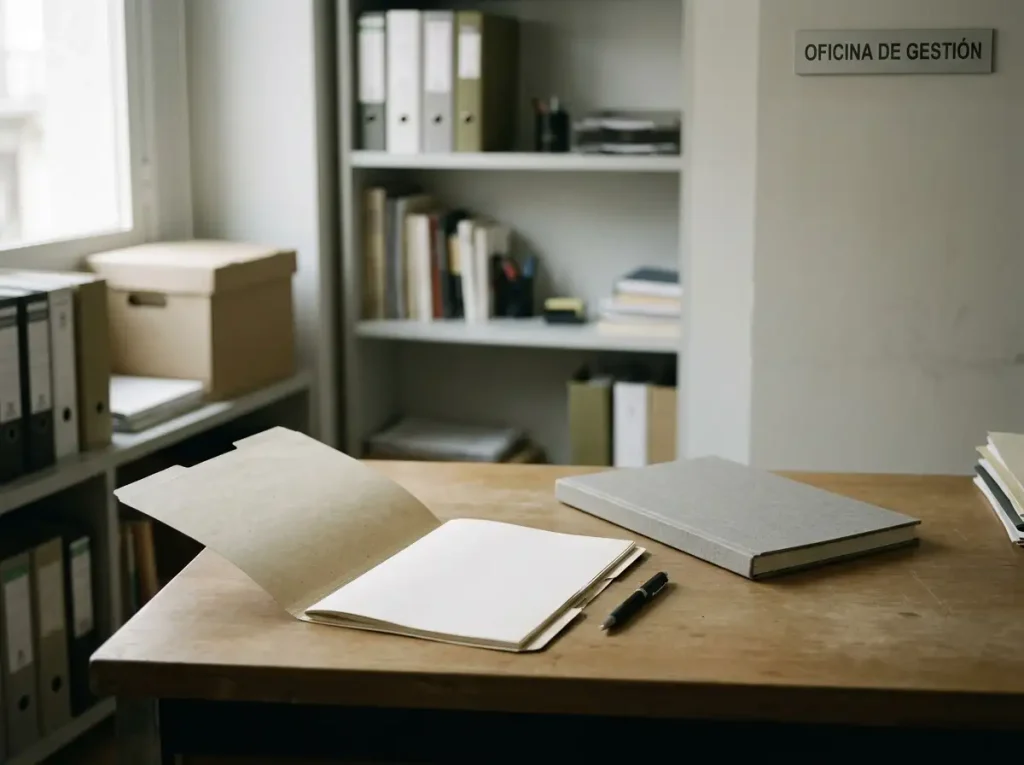 Carpeta abierta, hojas de registro y cuaderno sobre una mesa de oficina