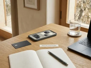 Teléfono, tarjeta bancaria sin marca y libreta junto a un teclado