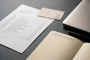 Extracto bancario desenfocado y documento de identidad sin datos sobre una mesa